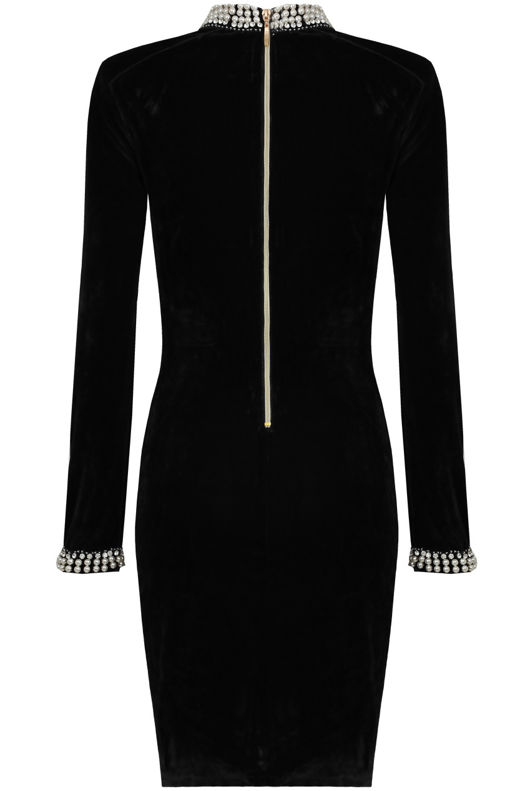 Black and Green Pearl Velvet Textured Bodycon Dress