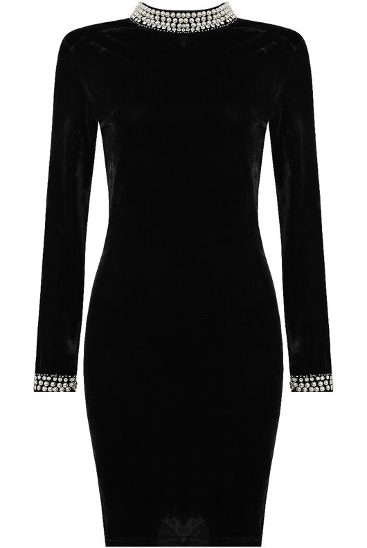 Black and Green Pearl Velvet Textured Bodycon Dress