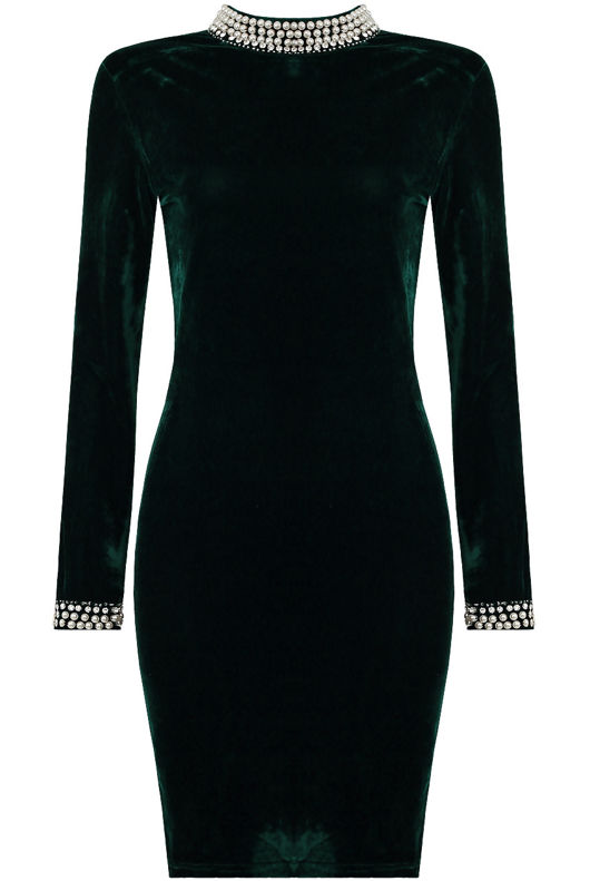 Black and Green Pearl Velvet Textured Bodycon Dress