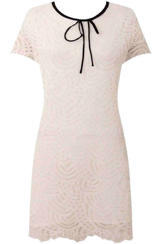 White Tie Neck Scalloped lace Shift Dress