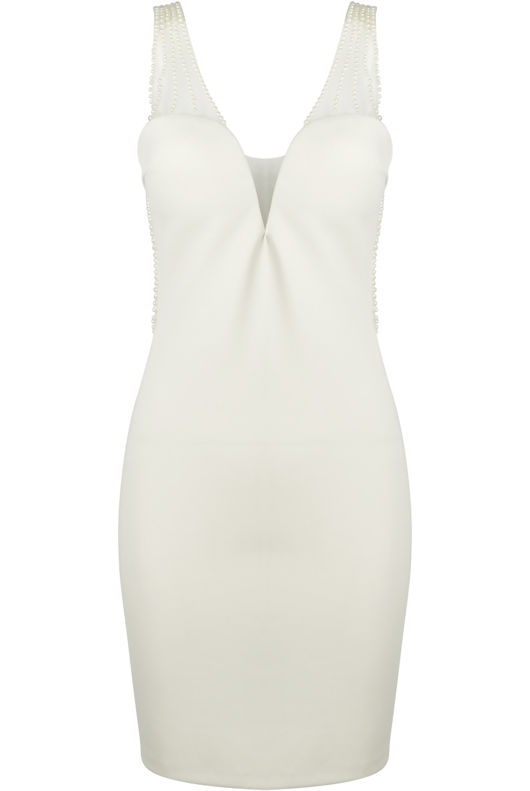 White Pearl Embellished Bodycon Dress 