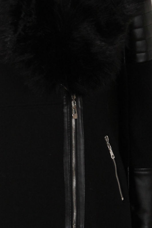 Black PVC Patch Fur Collar Jacket 