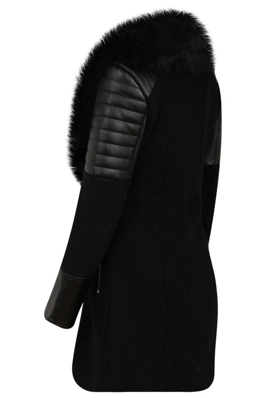 Black PVC Patch Fur Collar Jacket 
