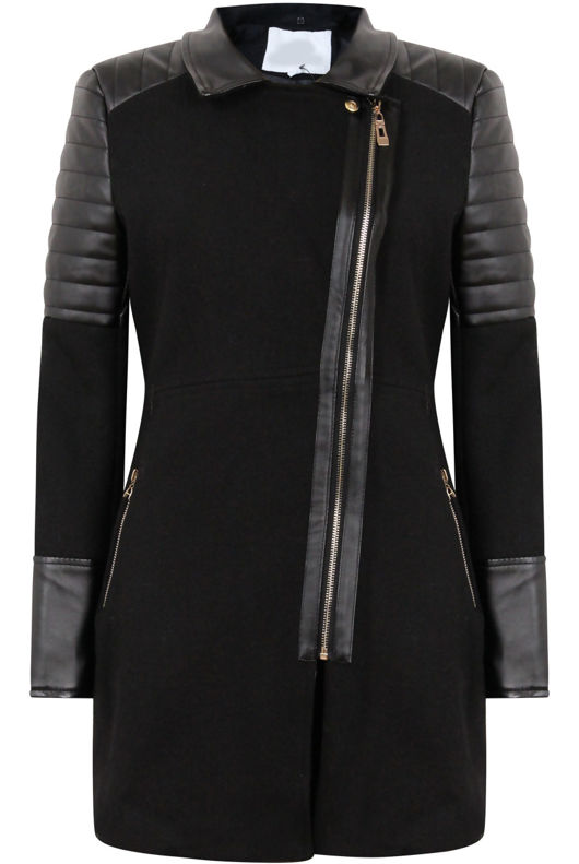 Black PVC Patch Detachable Fur Collar Coat 