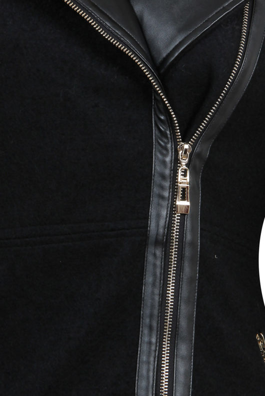 Black PVC Patch Detachable Fur Collar Coat 