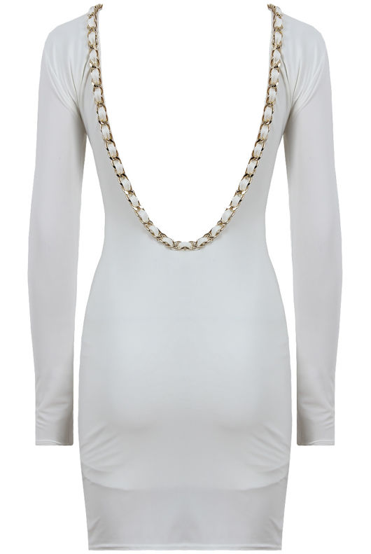 Cream With Gold Chain Detail Open Back Bodycon Dress