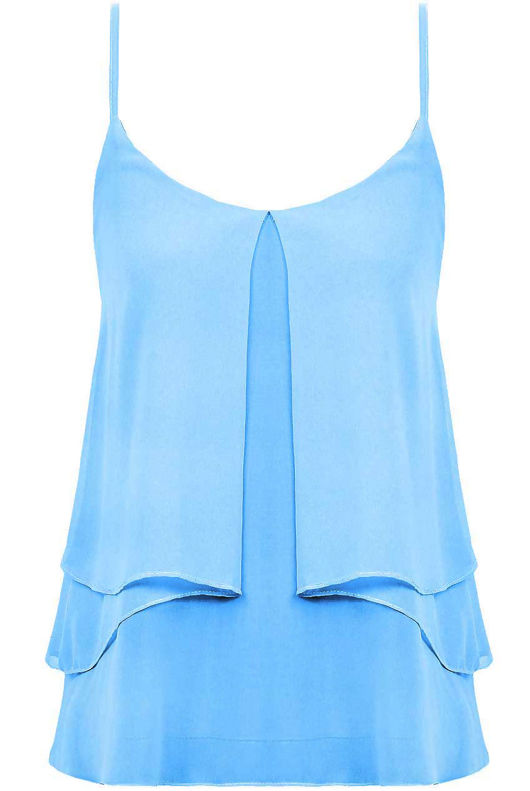 Sky Blue Layered Chiffon Cross Back Strap Detail Pleated Top
