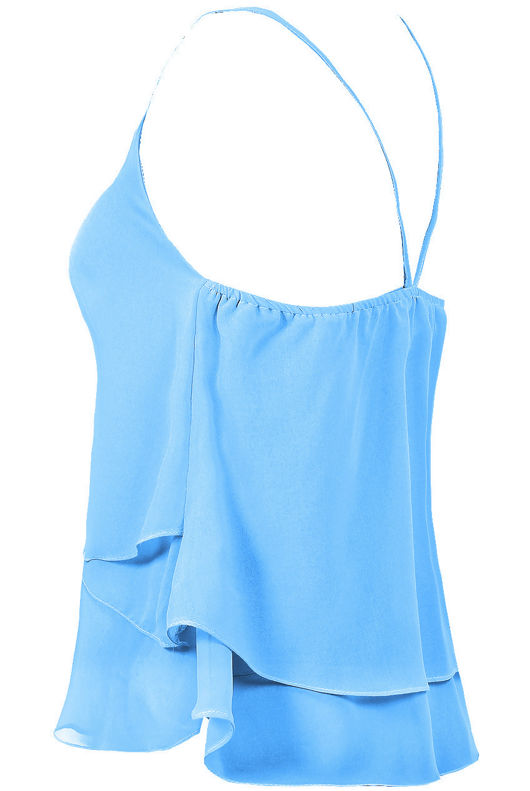Sky Blue Layered Chiffon Cross Back Strap Detail Pleated Top