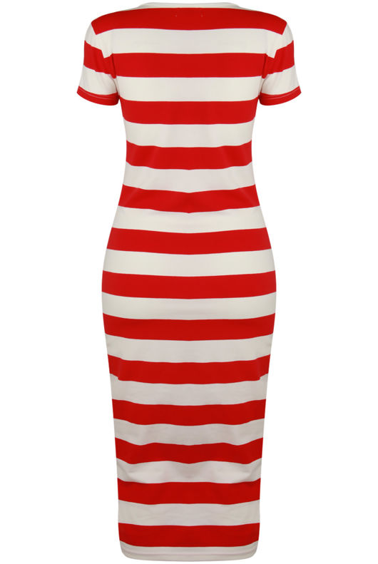 Red Stripe Short Sleeves Midi Dress 