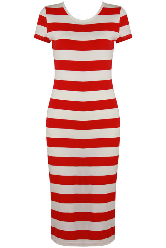 Red Stripe Short Sleeves Midi Dress 