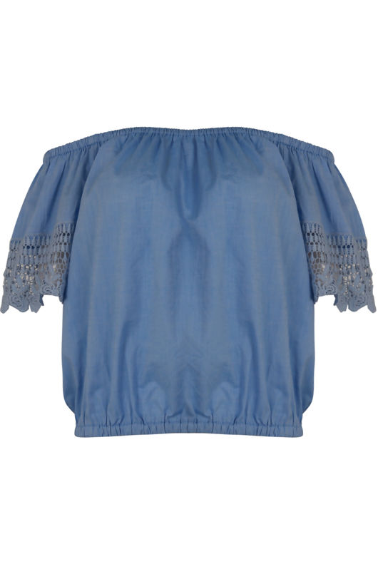Crochet Sleeve Off Shoulder Tops in Blue and Dark Blue