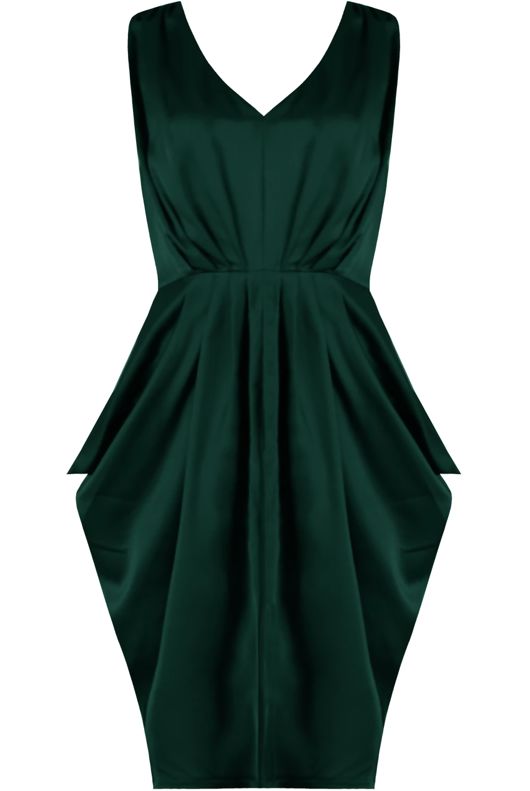 Green Satin V Neck Dress With Graduated Pleats