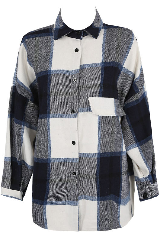 Navy Large Tartan Print Front Pocketed Shirt
