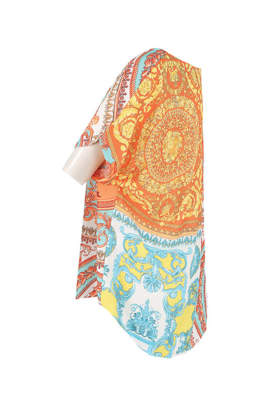 Orange Scarf Print Round Neck Blouse