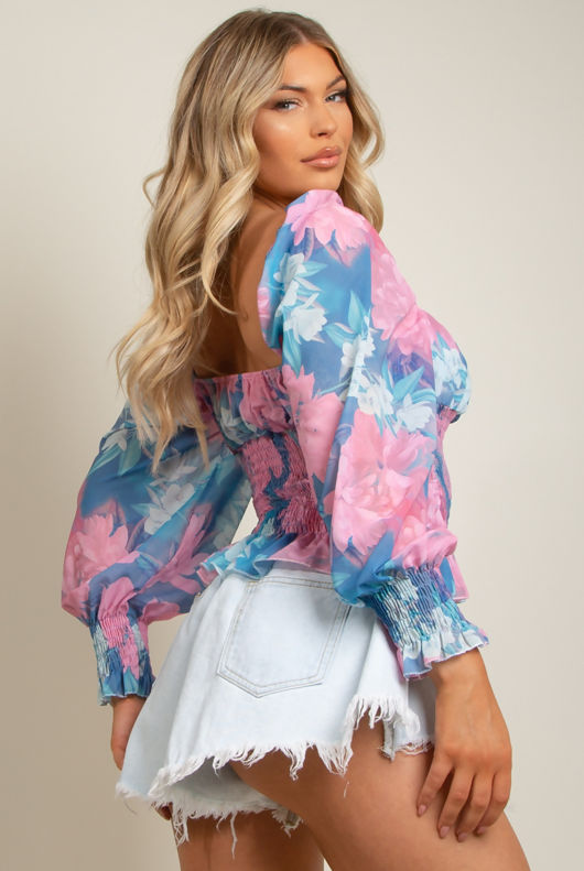 Fuchsia Shirred Floral Gypsy Top