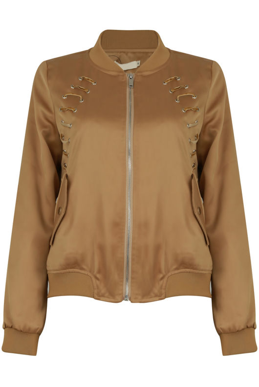 Beige Eyelets Detail Bomber Jacket