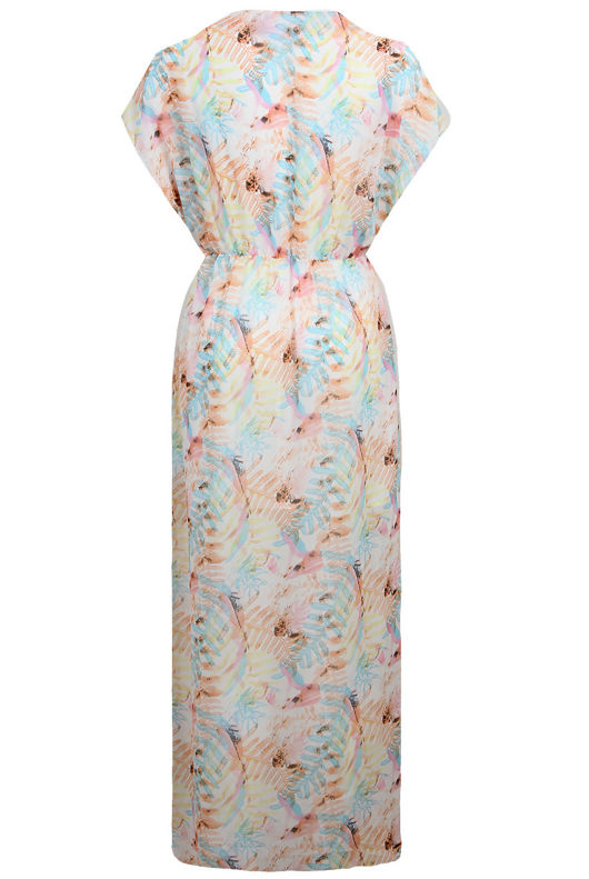 Pink & Blue Leaf Print Cross Over Detail Maxi Dress