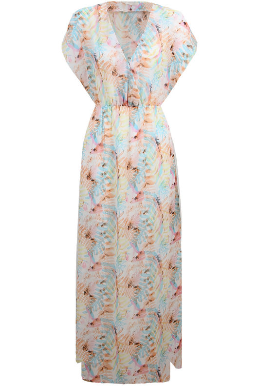 Pink & Blue Leaf Print Cross Over Detail Maxi Dress