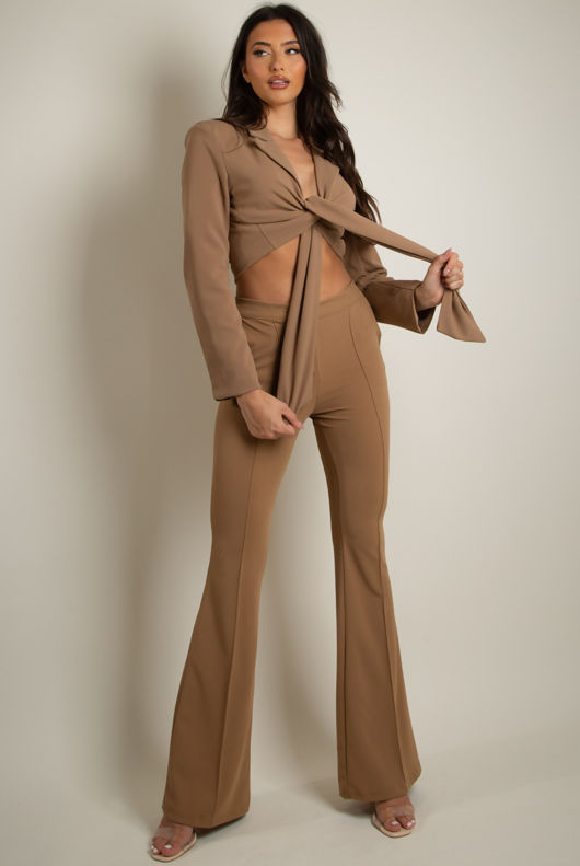 Camel Tailored Tie Front Cropped Blazer & Trouser Set
