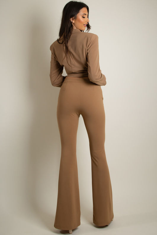 Camel Tailored Tie Front Cropped Blazer & Trouser Set