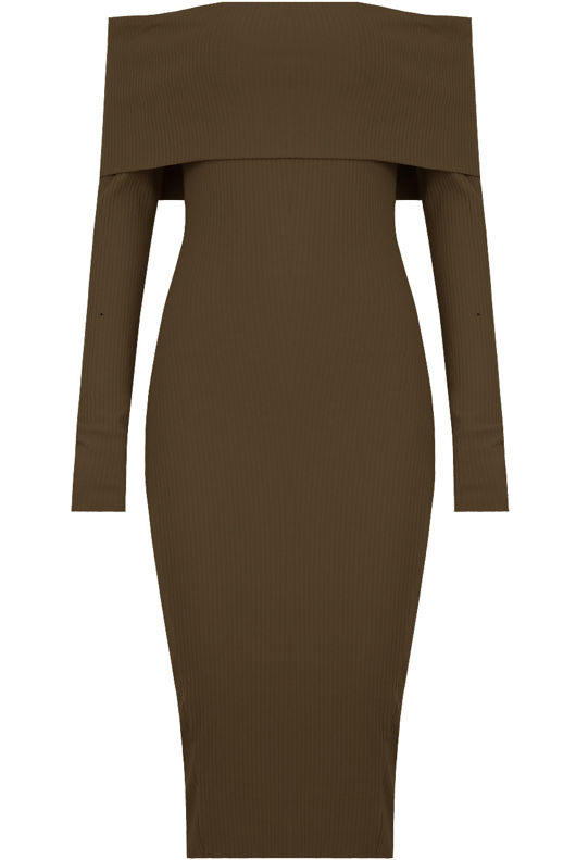 Khaki Bardot Fold Over Midi Dress