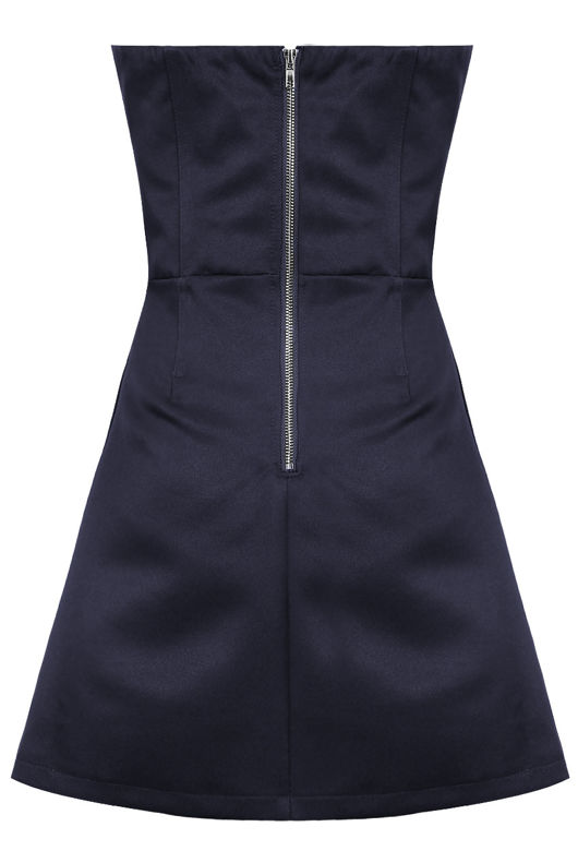 Navy Front Pleated Detail Side Pocketed Bandeau Dress