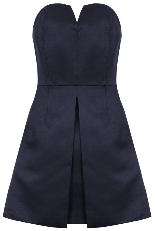 Navy Front Pleated Detail Side Pocketed Bandeau Dress