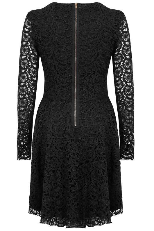 Black Lace Detail Back Zip Up Skater Dress