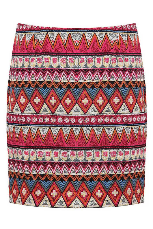 Burgundy Wavy Print Back Zip Up Knitted Skirts