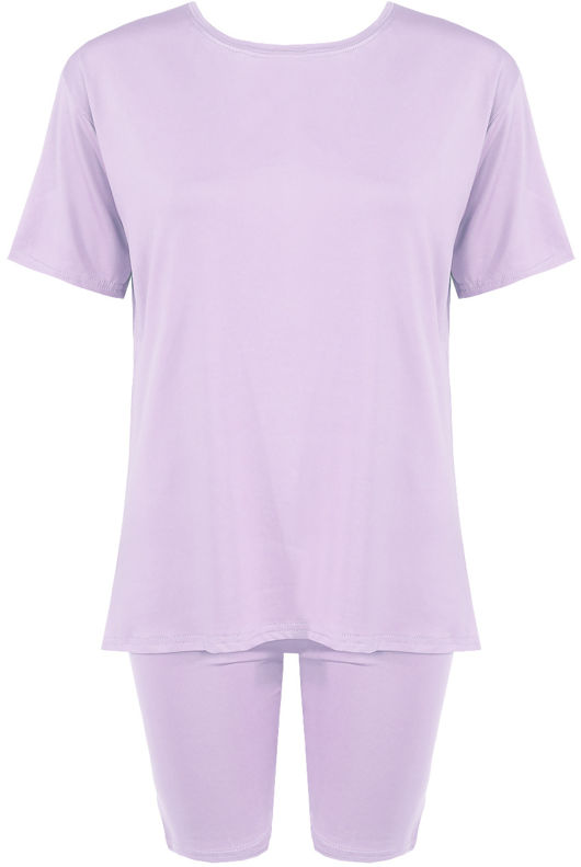 Lilac Plain Round Neck Cycling Shorts Loungewear Set