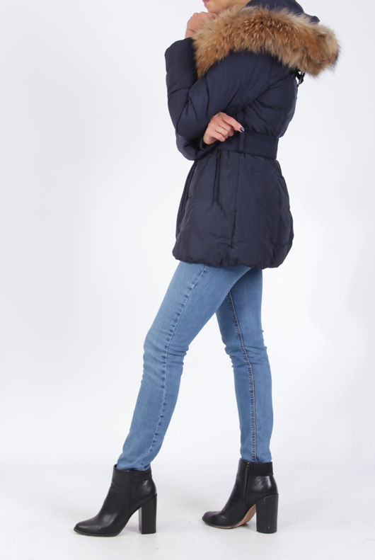 Navy Hooded Belted Puffer Jacket With Fur Trim