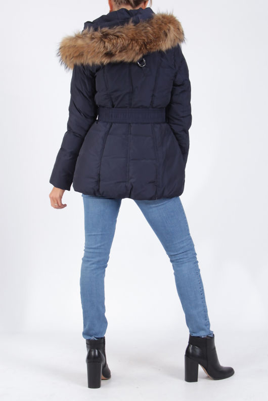 Navy Hooded Belted Puffer Jacket With Fur Trim