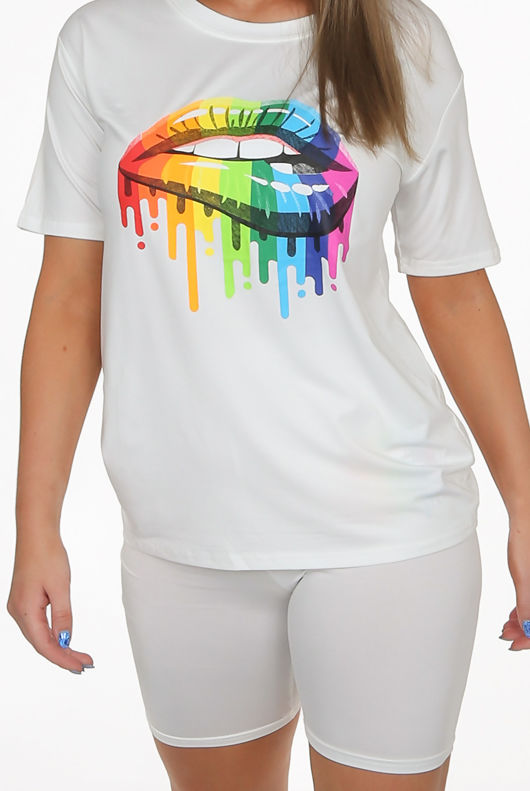 Lips Print Round Neck White Tees & Shorts Set