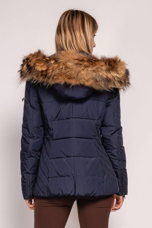 Navy Hooded Quilted Puffer Jacket With Fur Trim