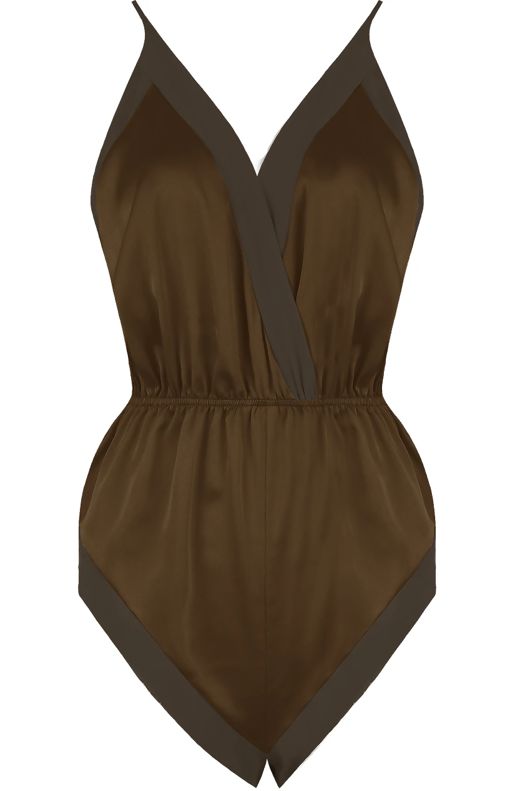 Khaki Satin Teddy with Chiffon Trim