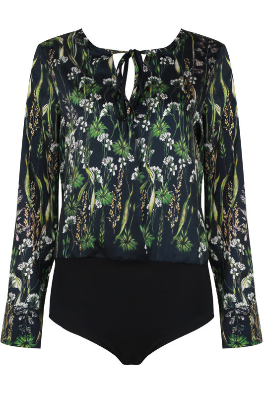 Navy Printed Tie Neck Bodysuits