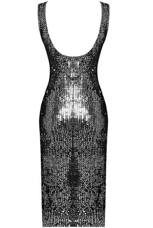 Black & Silver Sequin Back Low Deep Midi Dress