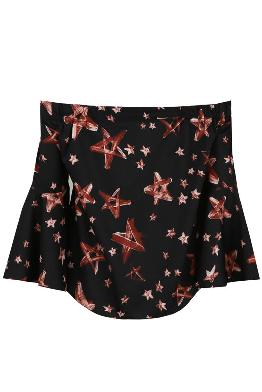 Black Contrast Star Print Bell Sleeve Tops