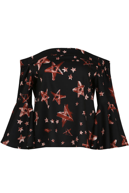 Black Contrast Star Print Bell Sleeve Tops