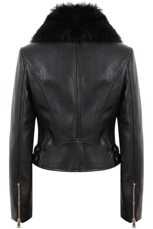 Black Detachable Fur Collar PU Biker Jacket