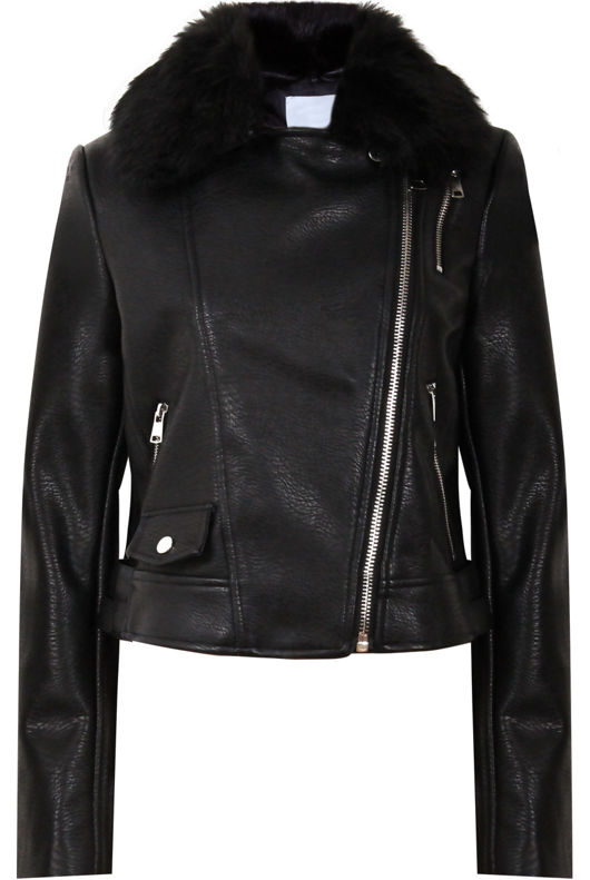 Black Detachable Fur Collar PU Biker Jacket