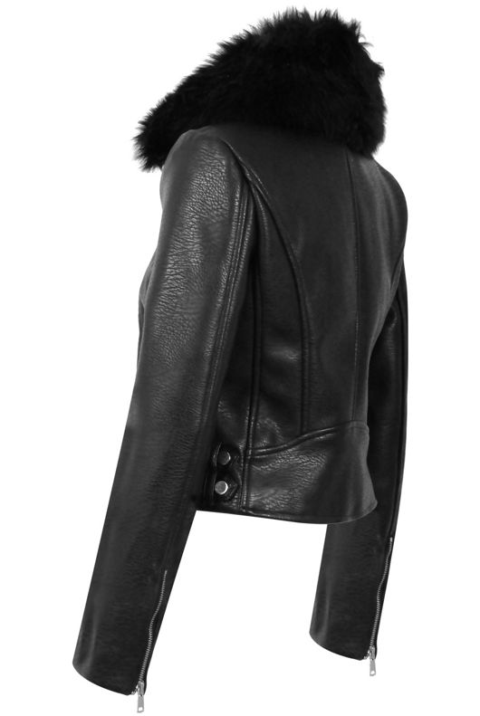 Black Detachable Fur Collar PU Biker Jacket