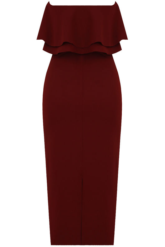 Wine Off The Shoulder Layered Frill Trim Midi Dress