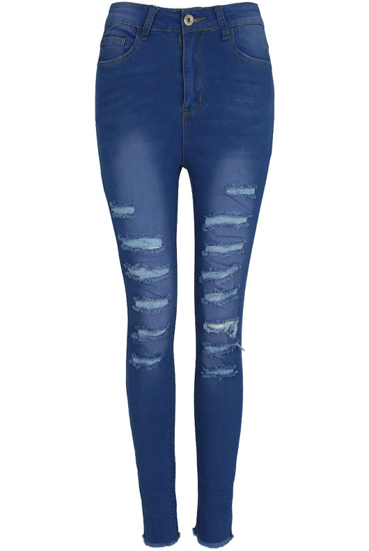 Mid Blue Skinny High Waisted Slashed Jeans