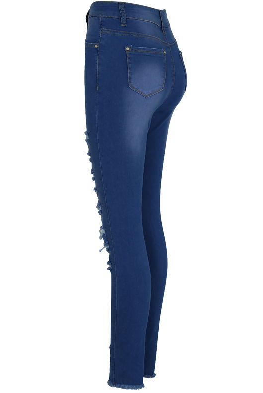 Mid Blue Skinny High Waisted Slashed Jeans