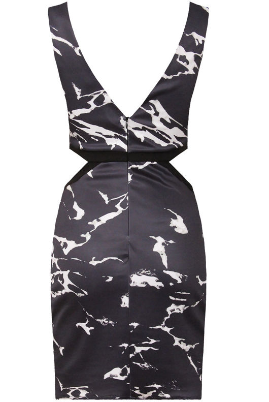 Black Marble Print Side Cut Out Bodycon Dress