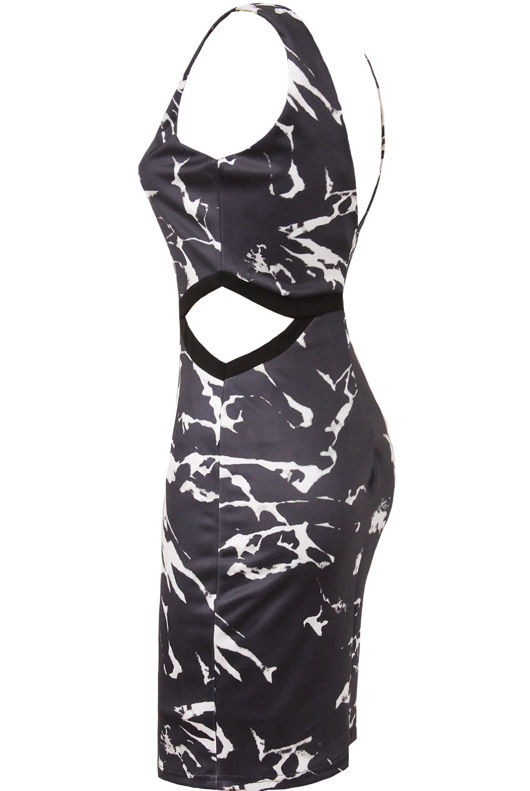 Black Marble Print Side Cut Out Bodycon Dress