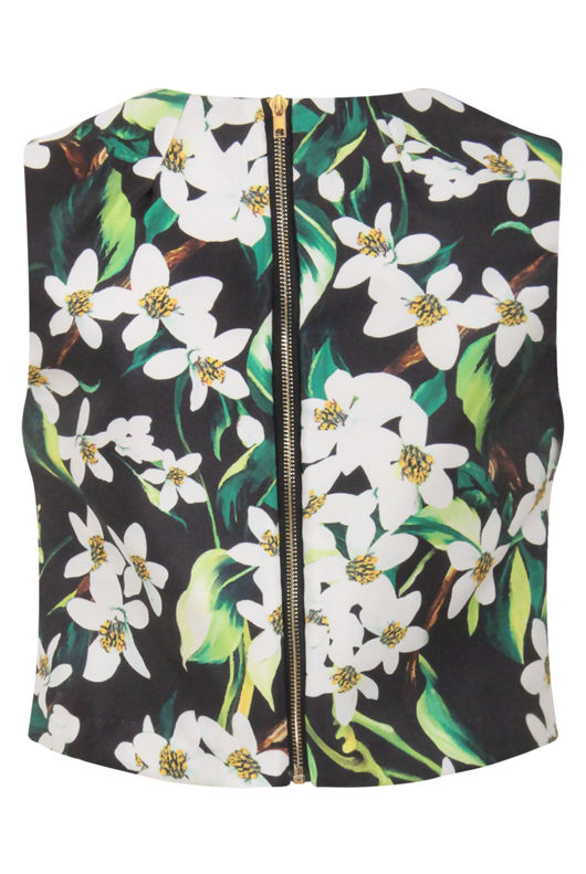 Black Floral Printed Tailored Crop Top