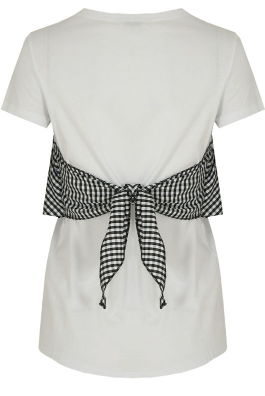 White Contrast Gingham Back Tie Up Tees