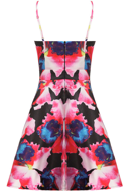 Black Floral Print Front V Cut Out Skater Dress 